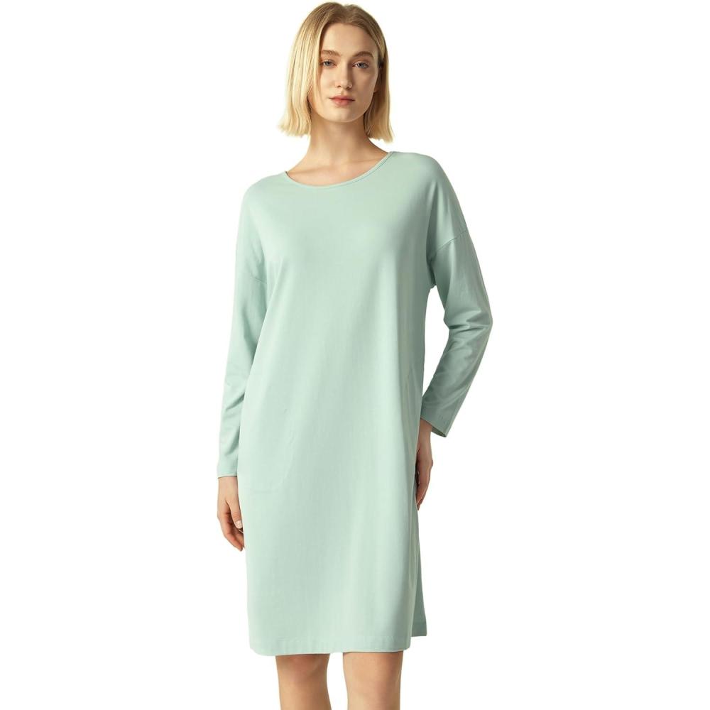 imageGYS Womens Long Sleeve Nightgown Bamboo Cotton Nightshirts Sleepwear Soft Stretchy Sleep Dress with PocketsAqua Blue
