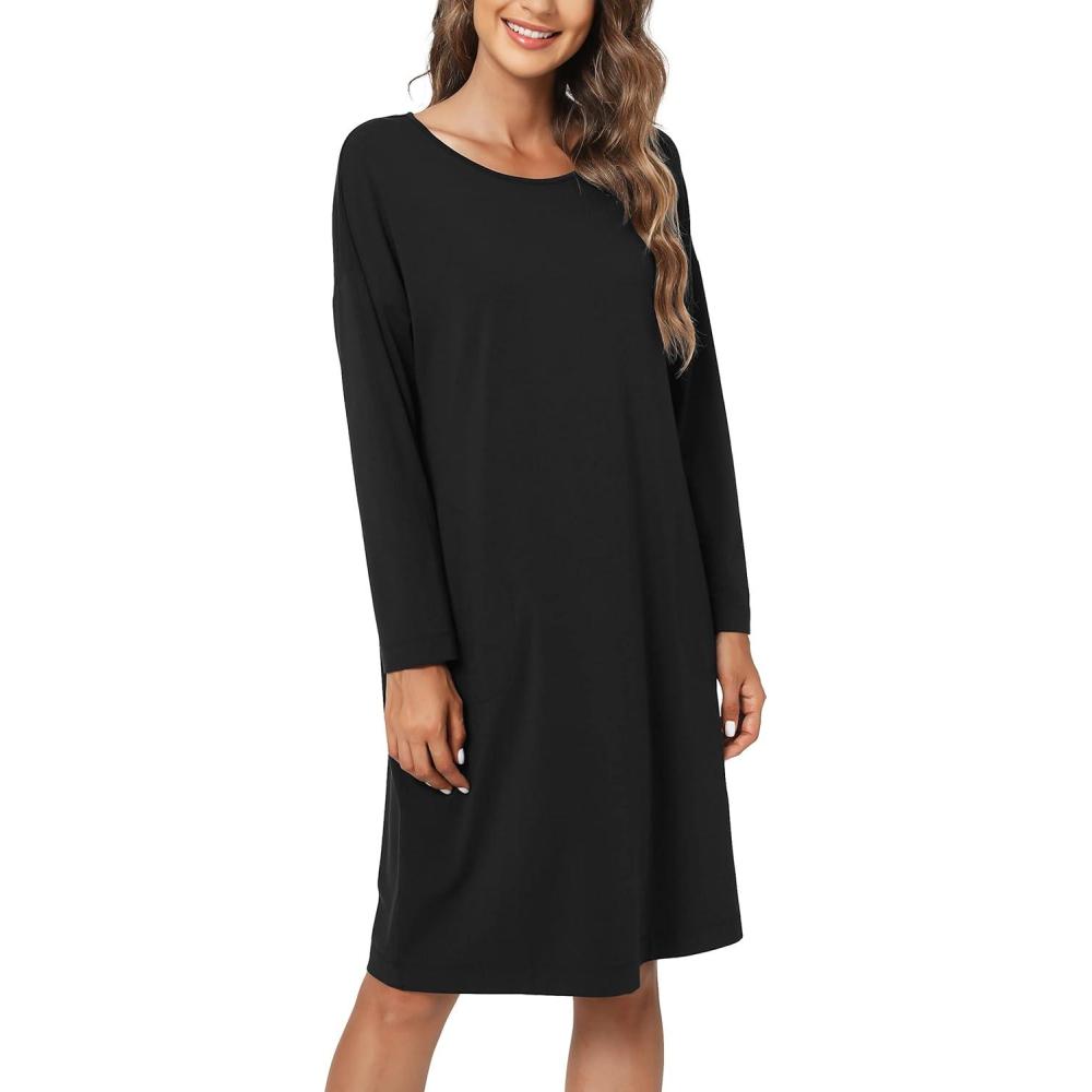 imageGYS Womens Long Sleeve Nightgown Bamboo Cotton Nightshirts Sleepwear Soft Stretchy Sleep Dress with PocketsBlack