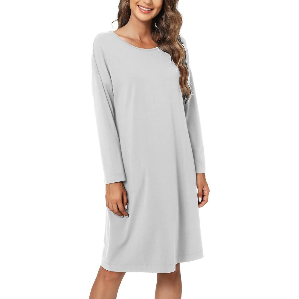 imageGYS Womens Long Sleeve Nightgown Bamboo Cotton Nightshirts Sleepwear Soft Stretchy Sleep Dress with PocketsLight Grey