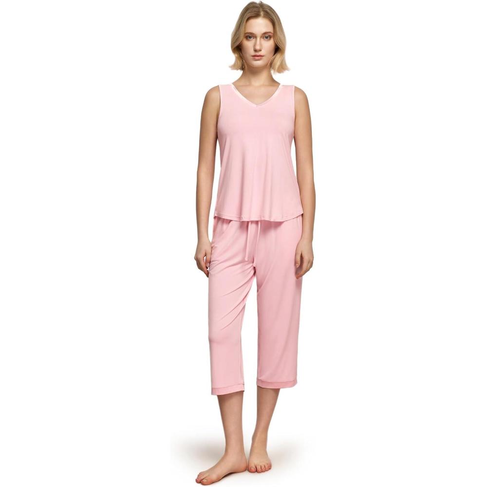 imageGYS Womens Pajama Set Bamboo Viscose Pjs Sleeveless Satin VNeck Tank Top and Capri Pants 2 Piece Lounge SetPink