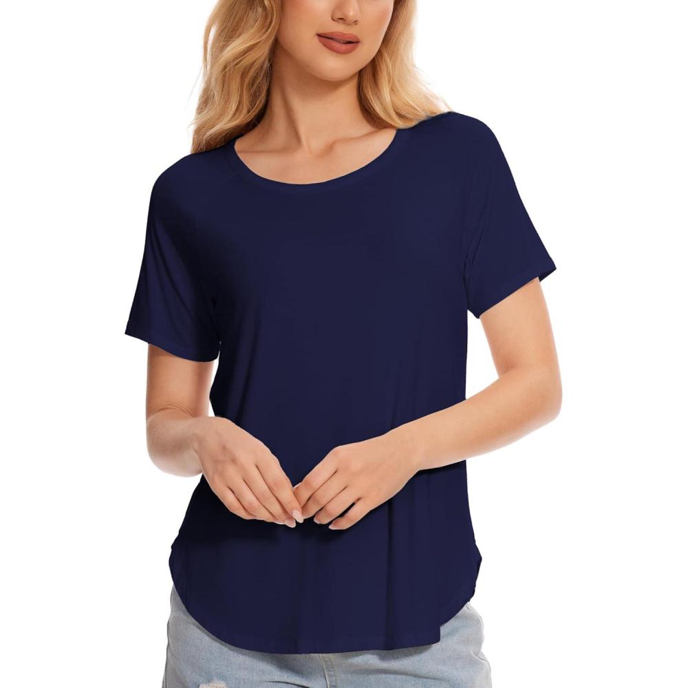 imageGYS Womens Pajama Tops Short Sleeve Shirts Summer Comfy Crew Neck Sleep TShirtNavy