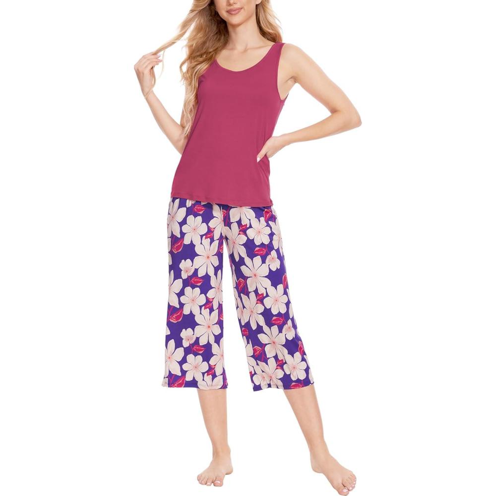 imageGYS Womens Viscose Pajama Sets Sleeveless Sleepwear Soft Tank Top and Capri Pants Pjs Lounge SetRaspberry