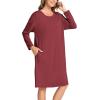 GYS Womens Long Sleeve Nightgown Bamboo Cotton Nightshirts Sleepwear Soft Stretchy Sleep Dress with Pockets(Wine)