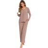 GYS Womens Pajama Sets Viscose from Bamboo Long Sleeve Pleated Tops and Lounge Pants with Pockets Soft Knit Sleepwear Pjs(Camel)