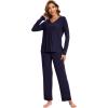 GYS Womens Pajama Sets Viscose from Bamboo Long Sleeve Pleated Tops and Lounge Pants with Pockets Soft Knit Sleepwear Pjs(Navy)