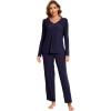 GYS Womens Pajama Sets Viscose from Bamboo Long Sleeve Pleated Tops and Lounge Pants with Pockets Soft Knit Sleepwear Pjs(Navy)