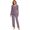 GYS Womens Pajama Sets Viscose from Bamboo Long Sleeve Pleated Tops and Lounge Pants with Pockets Soft Knit Sleepwear Pjs(Purplish Grey)
