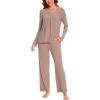 GYS Womens Pajama Sets Viscose from Bamboo Long Sleeve Pleated Tops and Lounge Pants with Pockets Soft Knit Sleepwear Pjs(Camel)