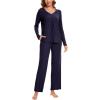 GYS Womens Pajama Sets Viscose from Bamboo Long Sleeve Pleated Tops and Lounge Pants with Pockets Soft Knit Sleepwear Pjs(Navy)