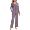 GYS Womens Pajama Sets Viscose from Bamboo Long Sleeve Pleated Tops and Lounge Pants with Pockets Soft Knit Sleepwear Pjs(Purplish Grey)