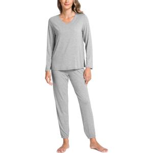 GYS Bamboo Viscose Womens Pajamas Set Long Sleeve V Neck Sleep Sets with Pockets(Heather Grey)
