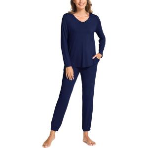 GYS Bamboo Viscose Womens Pajamas Set Long Sleeve V Neck Sleep Sets with Pockets(Navy)