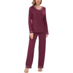 GYS Women’s Bamboo Viscose Pajamas Set Long Sleeve Crew Neck Sleepwear Super Soft Pjs Lounge Sets(Wine)