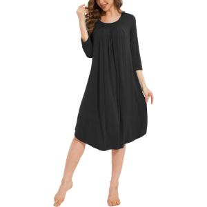GYS Womens Long Nightgowns Soft Bamboo Viscose 3/4 Sleeves Pleated Sleepshirts Ladies Sleepwear Gown for Mom(Black)