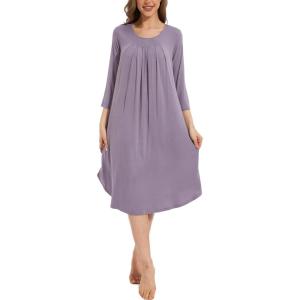 GYS Womens Long Nightgowns Soft Bamboo Viscose 3/4 Sleeves Pleated Sleepshirts Ladies Sleepwear Gown for Mom(Violet)