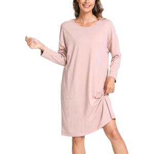 GYS Womens Long Sleeve Nightgown Bamboo Cotton Nightshirts Sleepwear Soft Stretchy Sleep Dress with Pockets(Dusty Orchid)