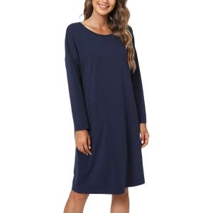 GYS Womens Long Sleeve Nightgown Bamboo Cotton Nightshirts Sleepwear Soft Stretchy Sleep Dress with Pockets(Navy)