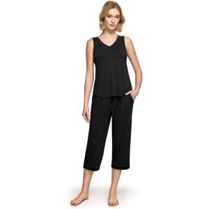 GYS Womens Pajama Set, Bamboo Viscose Pjs, Sleeveless Satin V-Neck Tank Top and Capri Pants 2 Piece Lounge Set(Black)