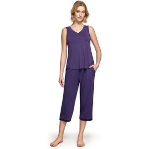 GYS Womens Pajama Set, Bamboo Viscose Pjs, Sleeveless Satin V-Neck Tank Top and Capri Pants 2 Piece Lounge Set(Deep Purple)