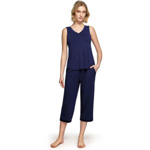 GYS Womens Pajama Set, Bamboo Viscose Pjs, Sleeveless Satin V-Neck Tank Top and Capri Pants 2 Piece Lounge Set(Navy)
