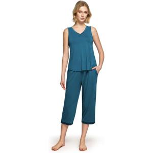 GYS Womens Pajama Set, Bamboo Viscose Pjs, Sleeveless Satin V-Neck Tank Top and Capri Pants 2 Piece Lounge Set(Teal Blue)