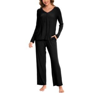 GYS Womens Pajama Sets Viscose from Bamboo Long Sleeve Pleated Tops and Lounge Pants with Pockets Soft Knit Sleepwear Pjs(Black)