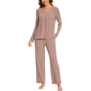 GYS Womens Pajama Sets Viscose from Bamboo Long Sleeve Pleated Tops and Lounge Pants with Pockets Soft Knit Sleepwear Pjs(Camel)