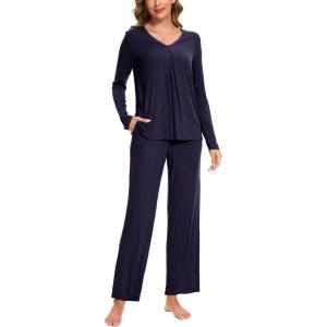 GYS Womens Pajama Sets Viscose from Bamboo Long Sleeve Pleated Tops and Lounge Pants with Pockets Soft Knit Sleepwear Pjs(Navy)