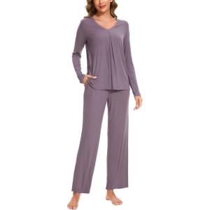 GYS Womens Pajama Sets Viscose from Bamboo Long Sleeve Pleated Tops and Lounge Pants with Pockets Soft Knit Sleepwear Pjs(Purplish Grey)