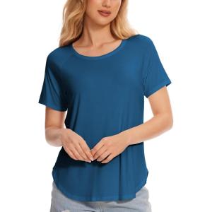 GYS Womens Pajama Tops Short Sleeve Shirts Summer Comfy Crew Neck Sleep T-Shirt(Teal Blue)