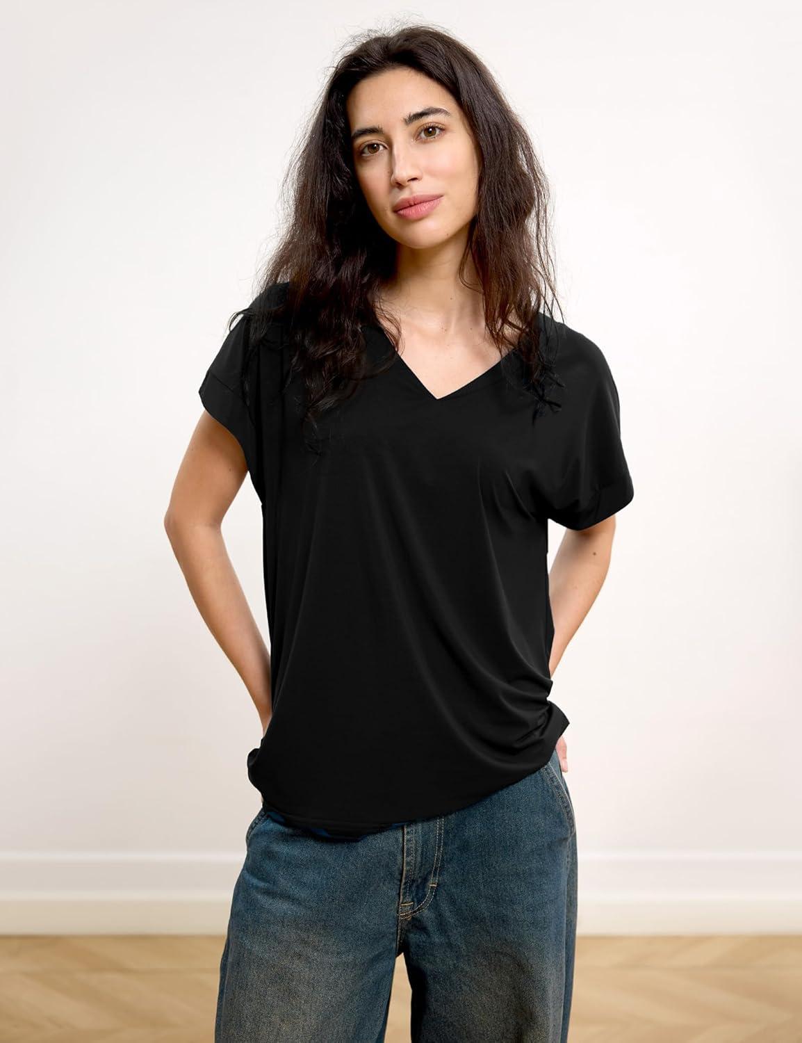 imageGYS Bamboo Viscose T Shirts for Women Short Sleeve V Neck Tee Soft Pajama TopsBlack