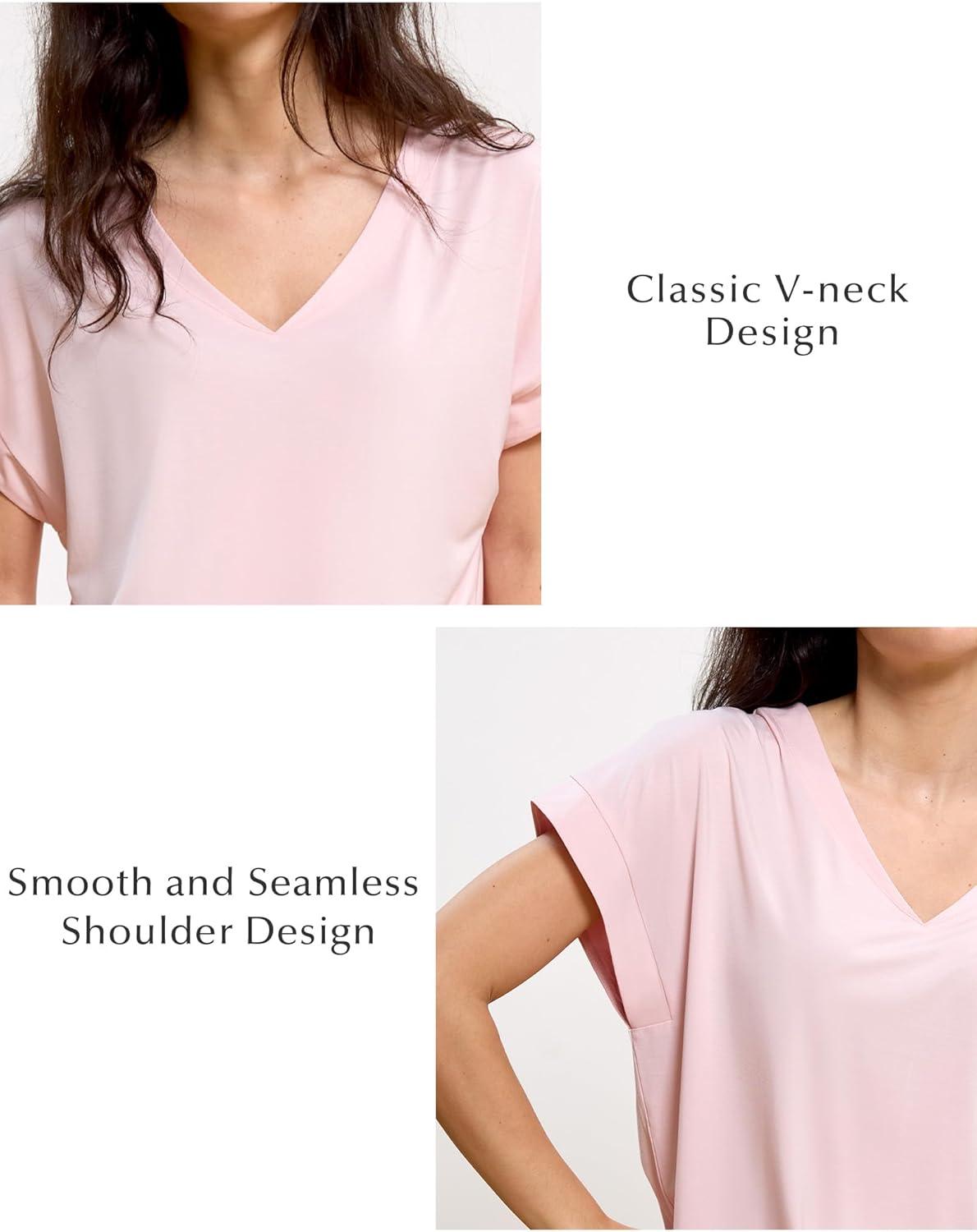 imageGYS Bamboo Viscose T Shirts for Women Short Sleeve V Neck Tee Soft Pajama TopsPink
