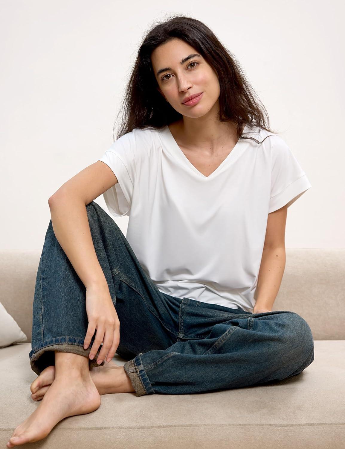 imageGYS Bamboo Viscose T Shirts for Women Short Sleeve V Neck Tee Soft Pajama TopsWhite