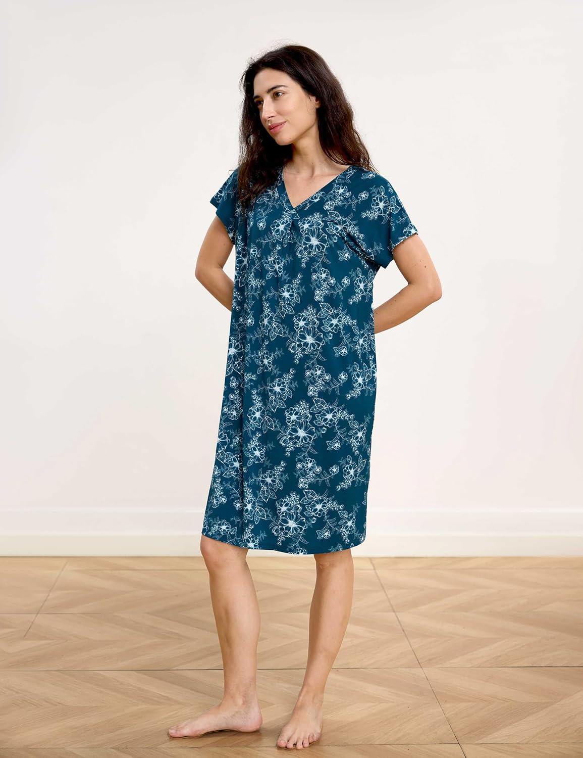 imageGYS Womens Nightgowns Bamboo Viscose Soft and Comfy Short Sleeve Pajama DressDrawn Flowers