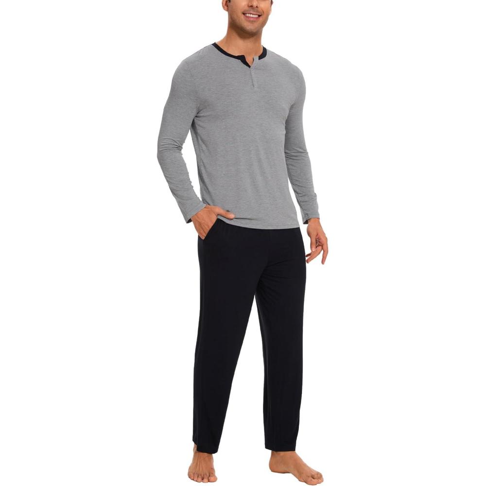 imageGYS Bamboo Viscose Mens Pajama Sets Soft Long Sleeve Lounge Sets with Pockets