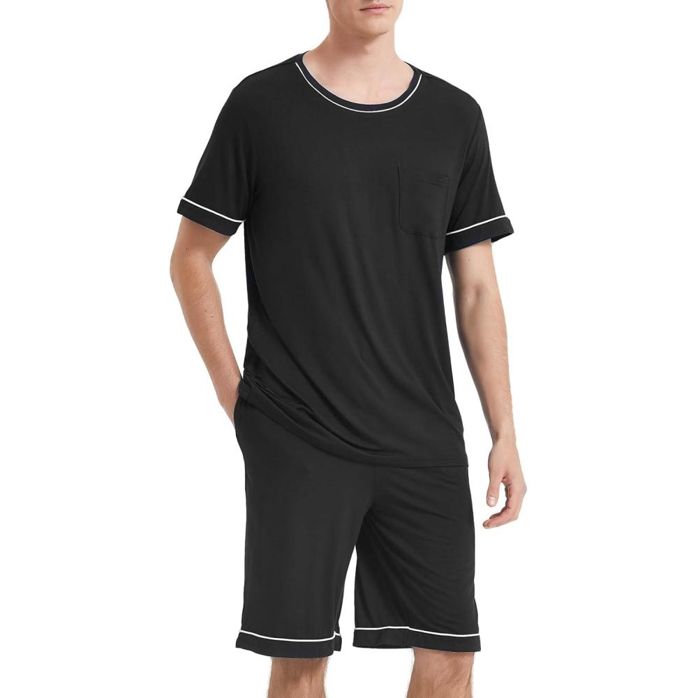 imageGYS Mens Bamboo Viscose Pajamas Set Short Sleeve Top and Shorts Pjs Sleep Set Soft TwoPiece Sleepwear with Pockets