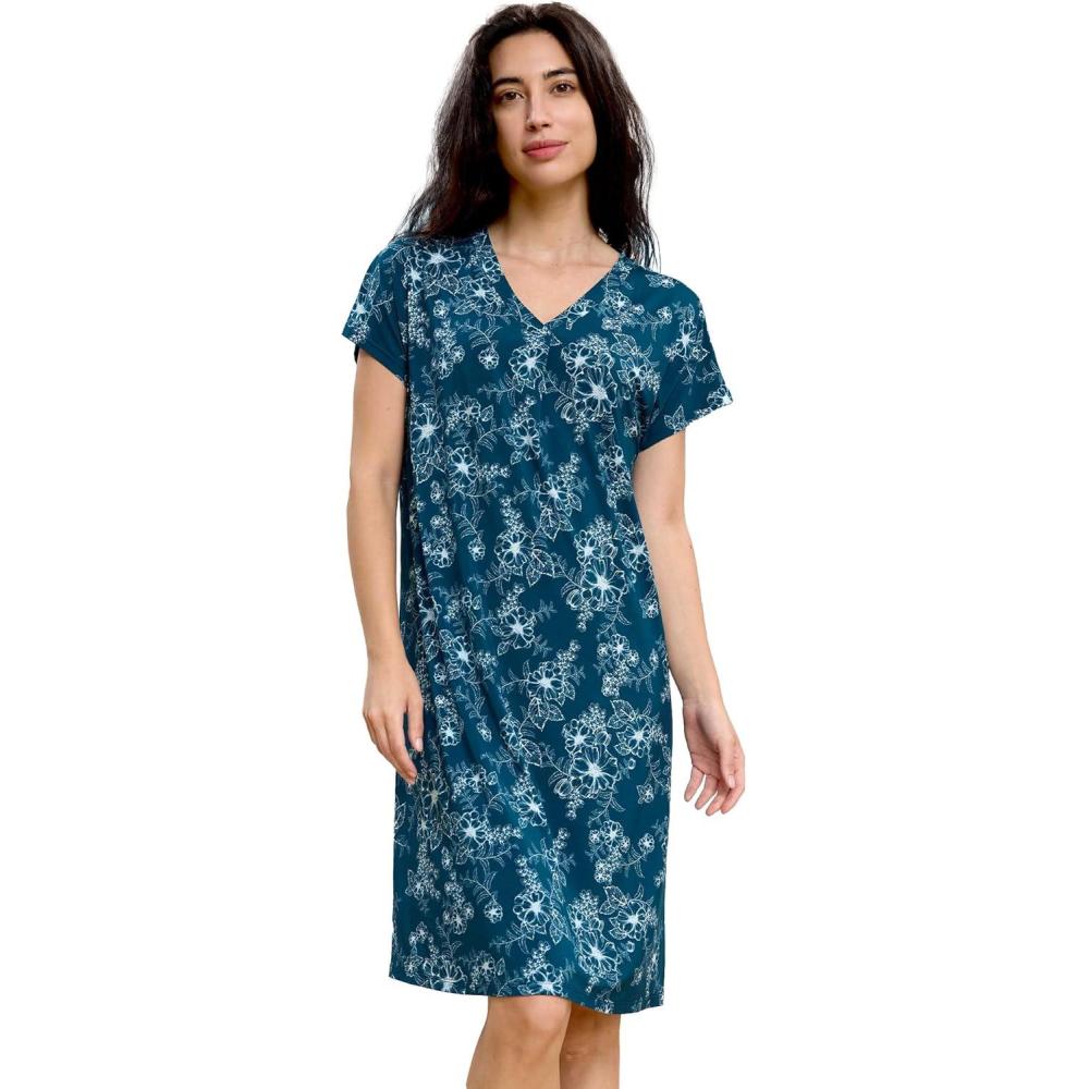 imageGYS Womens Nightgowns Bamboo Viscose Soft and Comfy Short Sleeve Pajama DressDrawn Flowers