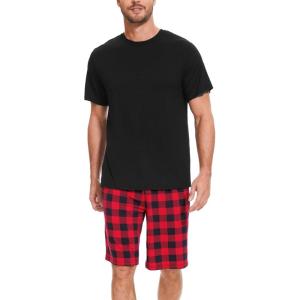 GYS Men’s Pajama Sets, Ultra Soft Bamboo Viscose Sleepwear, Short Sleeve Shirts and Shorts Loungewear Pjs Set with Pockets(Black/Black Red Plaid)