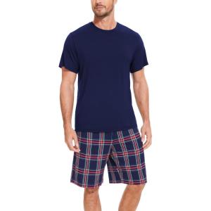 GYS Men’s Pajama Sets, Ultra Soft Bamboo Viscose Sleepwear, Short Sleeve Shirts and Shorts Loungewear Pjs Set with Pockets(Navy/Navy Plaid)