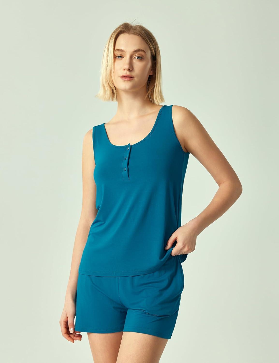 imageGYS Bamboo Viscose Womens Pajama Sets Tank Top With Shorts 2 Pieces Lounge SetsTeal Blue