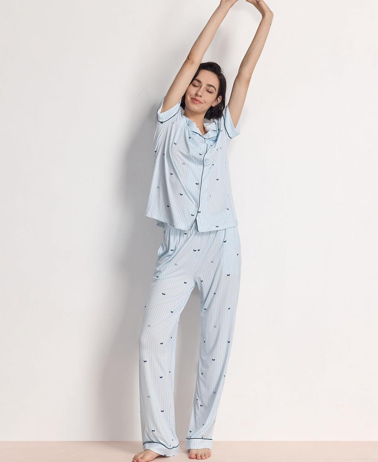 imageGYS Womens Pajama Set Bamboo Viscose Notch Collar Button Down Short Sleeve Top with Pants 2 Piece SleepwearBlue Stripes