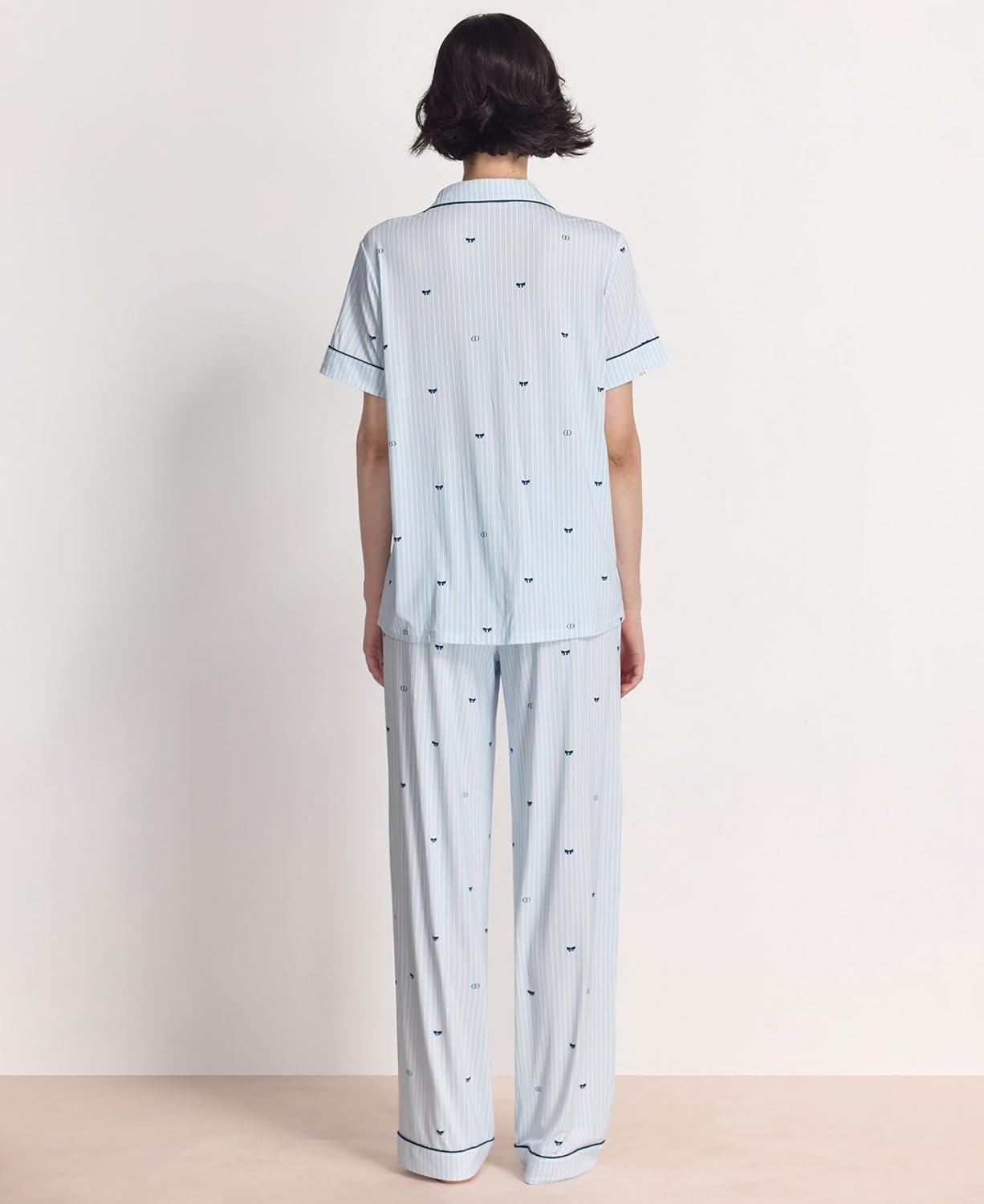 imageGYS Womens Pajama Set Bamboo Viscose Notch Collar Button Down Short Sleeve Top with Pants 2 Piece SleepwearBlue Stripes