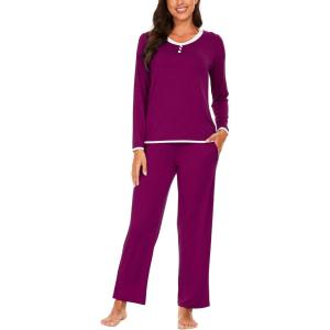 GYS Bamboo Viscose Pajama Sets for Women Soft Long Sleeve Sleepwear V Neck Top with Pants Jammies Lounge Set(Dark Purple)