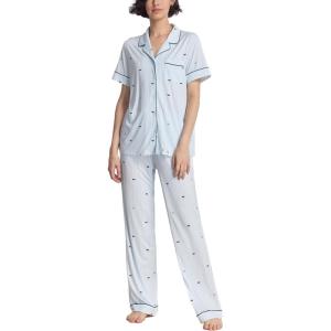 GYS Women’s Pajama Set Bamboo Viscose Notch Collar Button Down Short Sleeve Top with Pants 2 Piece Sleepwear(Blue Stripes)