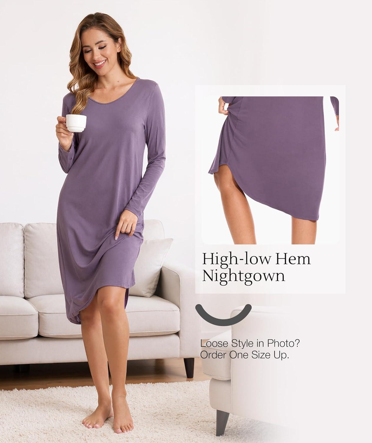 imageGYS Bamboo Viscose Nightgowns for Women Soft Long Sleeve V Neck Night Shirts Sleepwear Below the Knee Long Nightgown PajamaAir Purple