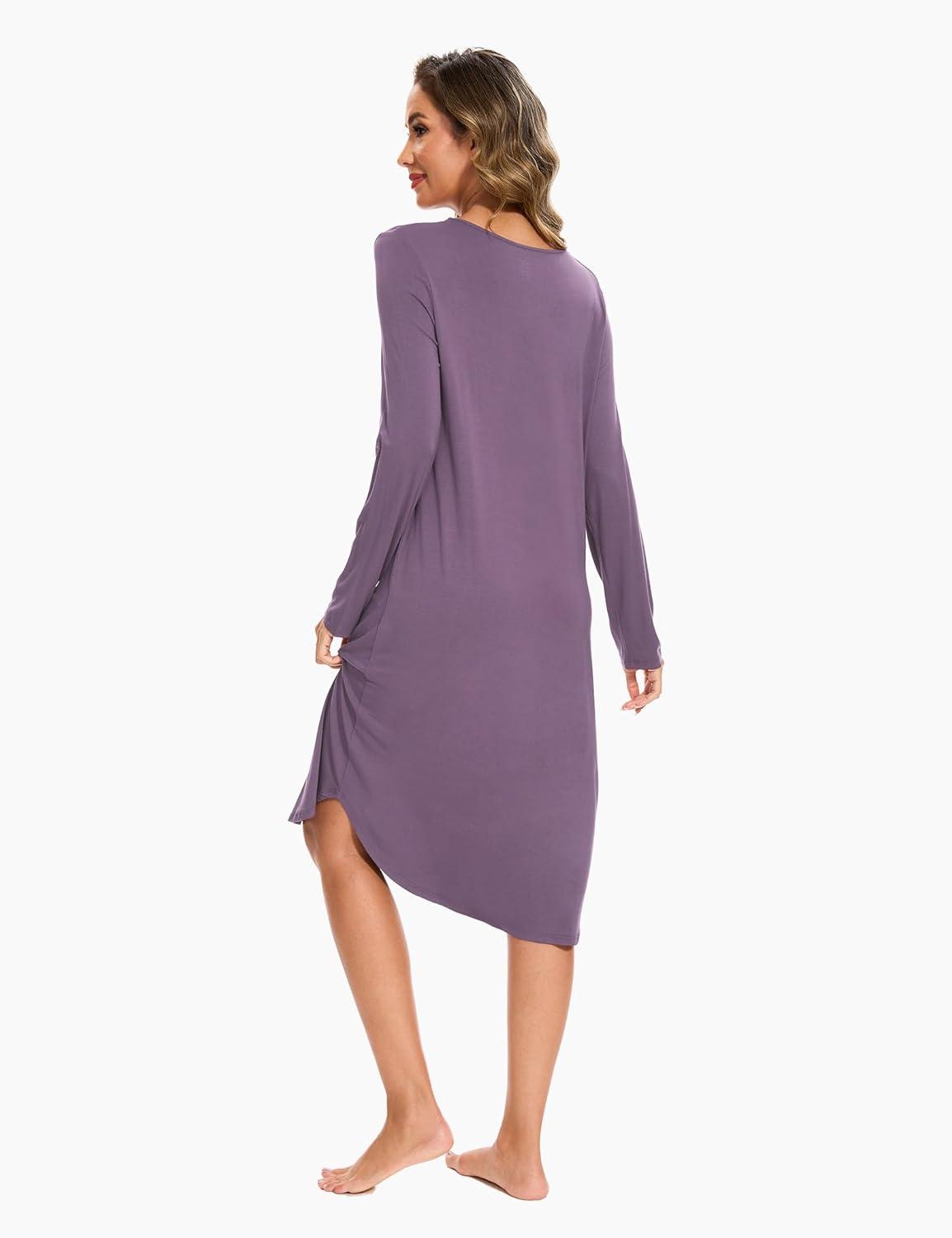 imageGYS Bamboo Viscose Nightgowns for Women Soft Long Sleeve V Neck Night Shirts Sleepwear Below the Knee Long Nightgown PajamaAir Purple