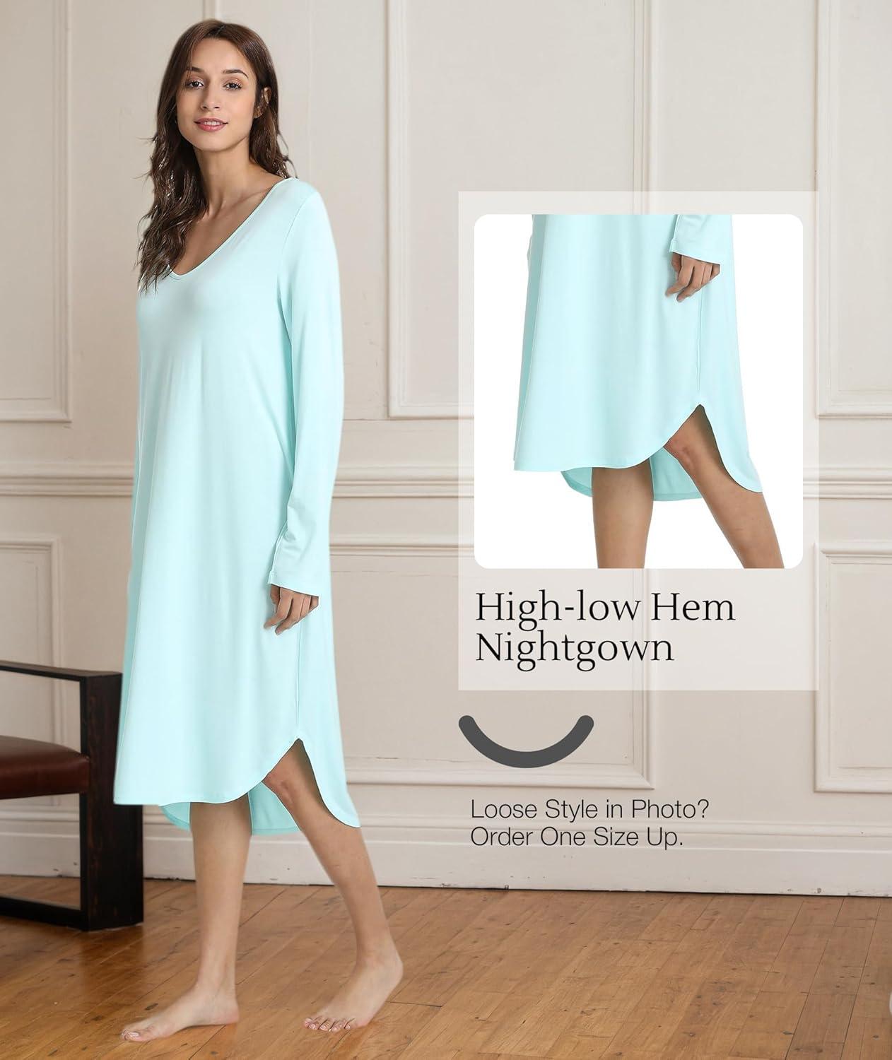 imageGYS Bamboo Viscose Nightgowns for Women Soft Long Sleeve V Neck Night Shirts Sleepwear Below the Knee Long Nightgown PajamaAqua