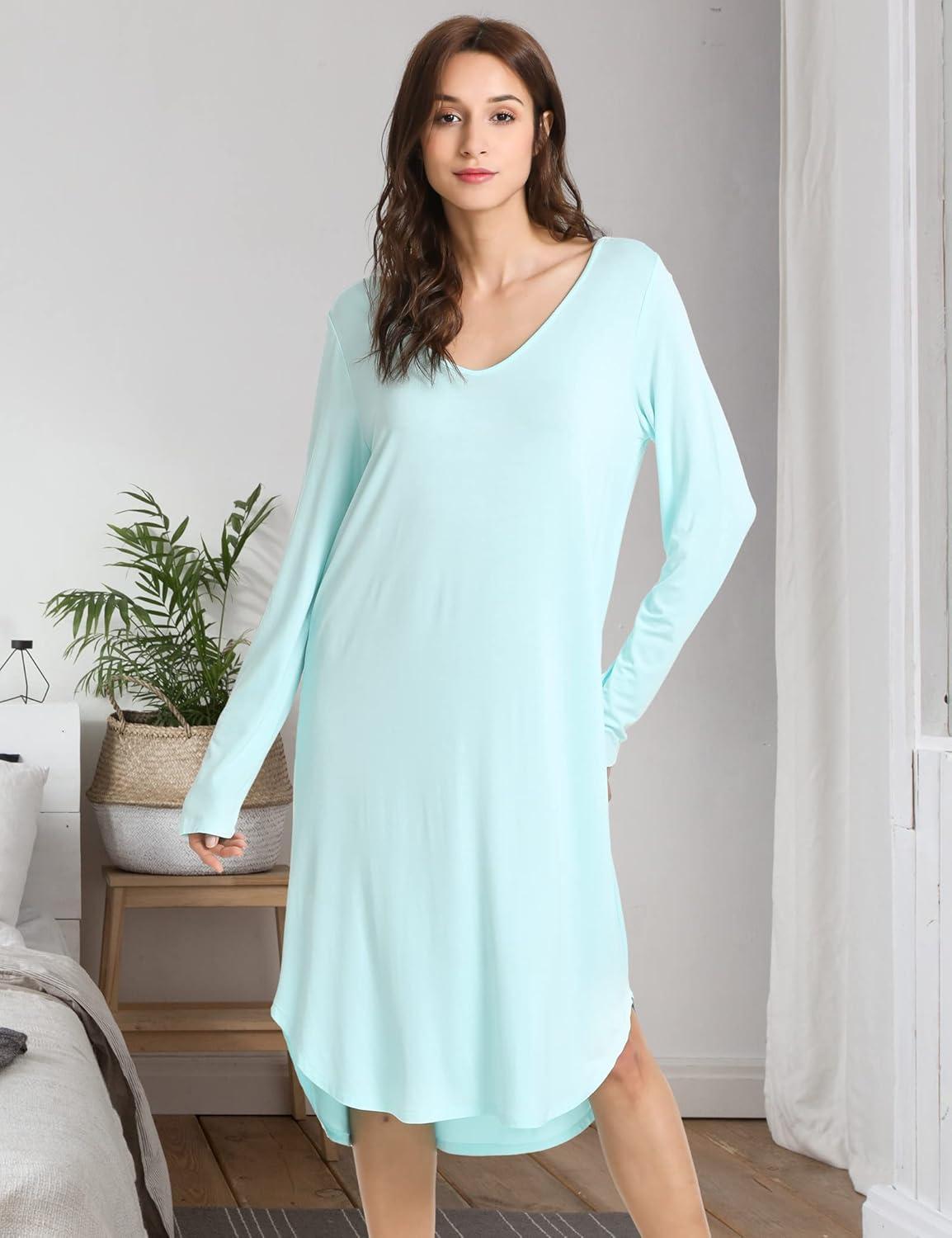 imageGYS Bamboo Viscose Nightgowns for Women Soft Long Sleeve V Neck Night Shirts Sleepwear Below the Knee Long Nightgown PajamaAqua