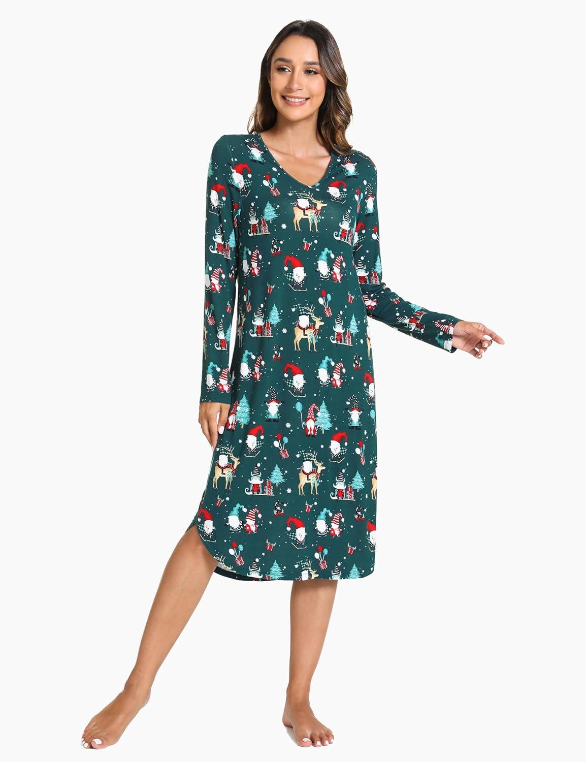 imageGYS Bamboo Viscose Nightgowns for Women Soft Long Sleeve V Neck Night Shirts Sleepwear Below the Knee Long Nightgown PajamaChristmas Green