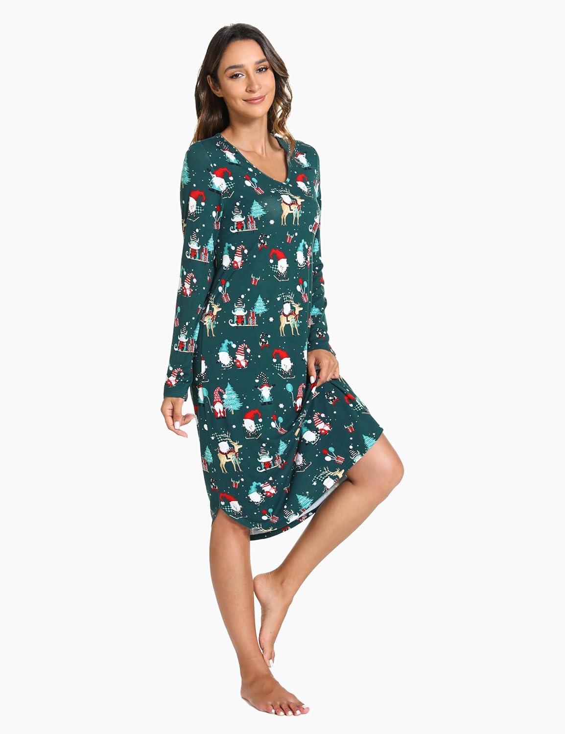 imageGYS Bamboo Viscose Nightgowns for Women Soft Long Sleeve V Neck Night Shirts Sleepwear Below the Knee Long Nightgown PajamaChristmas Green